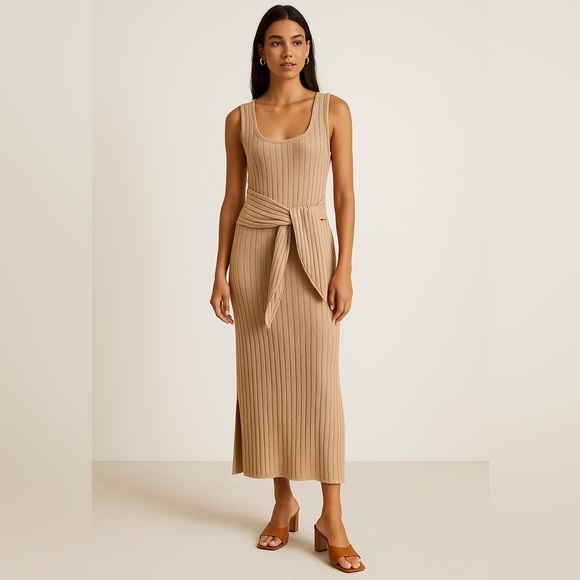 SANCIA Dresses & Skirts - Sancia Ribbed Knit Maxi Dress XS Tan Beige Cotton Sleeveless Belted Tie Front
